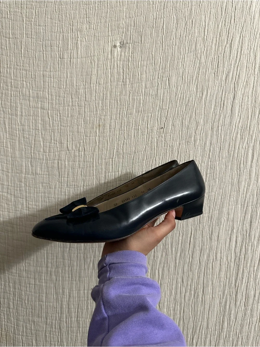 Salvatore Ferragamo Navy Bow Leather Flats with Gold Accent
